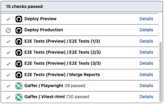 GitHub pull request showing Gaffer commit status with test results and Details link