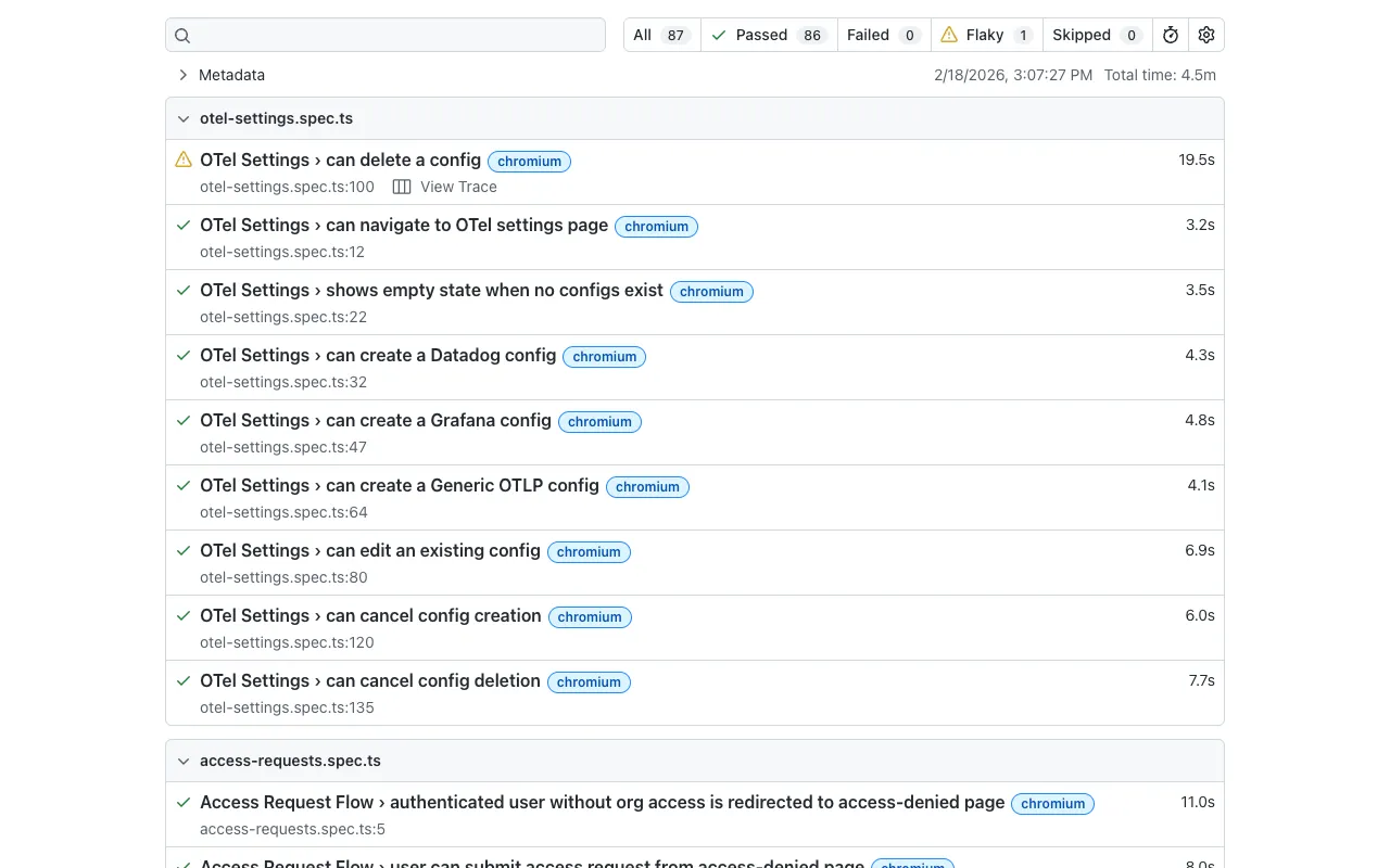 Hosted Playwright HTML test report with 87 tests showing pass/fail results, durations, and trace links