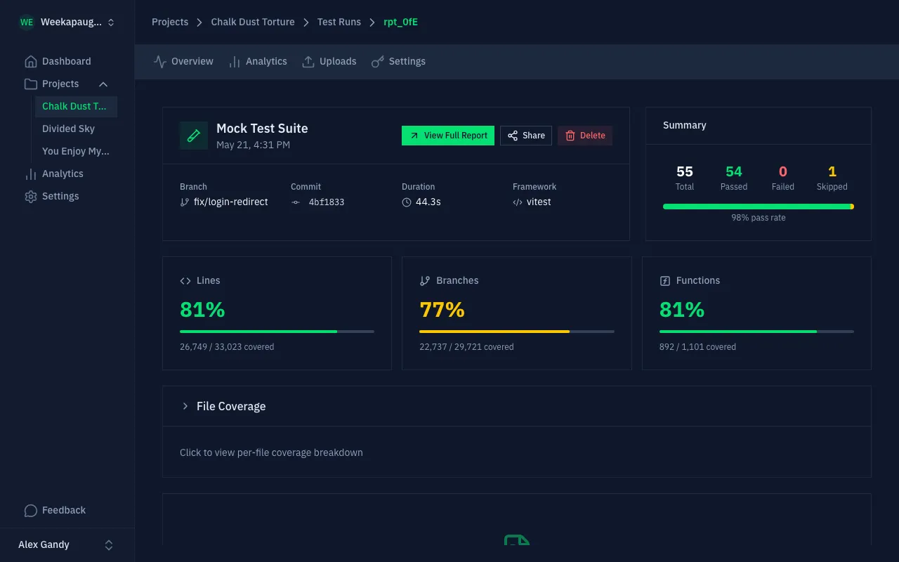 A Gaffer test run drilldown: summary stats, commit metadata, framework and branch tags, and a direct link to the full HTML report